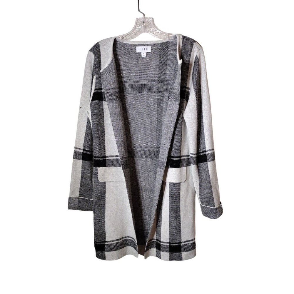 Elle Sweater Womens XS Sparkle Long Sleeve Rolled Cuff Open Front Glitter Plaid
